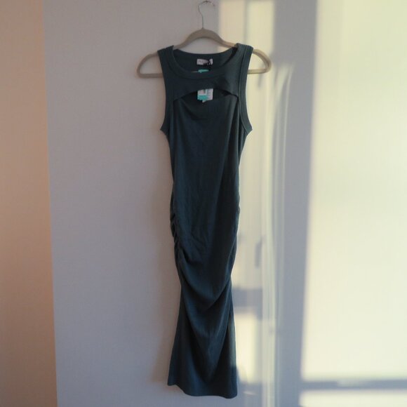 MICHAEL STARS Lucinda Ultra Rib Ribbed Bodycon Ruched Midi Dress in Pebble NWT - Picture 3 of 13